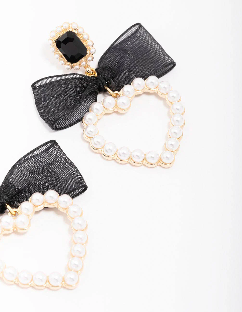 Gold Pearl Bow Heart Drop Earrings - Image 3