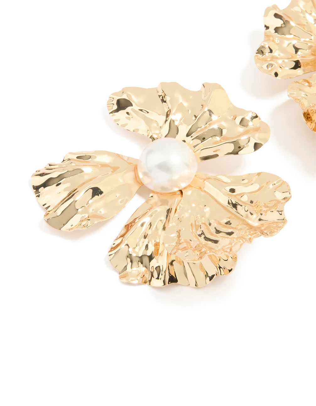 Gold Pearl Centre Molten Flower Stud Earrings - Image 2