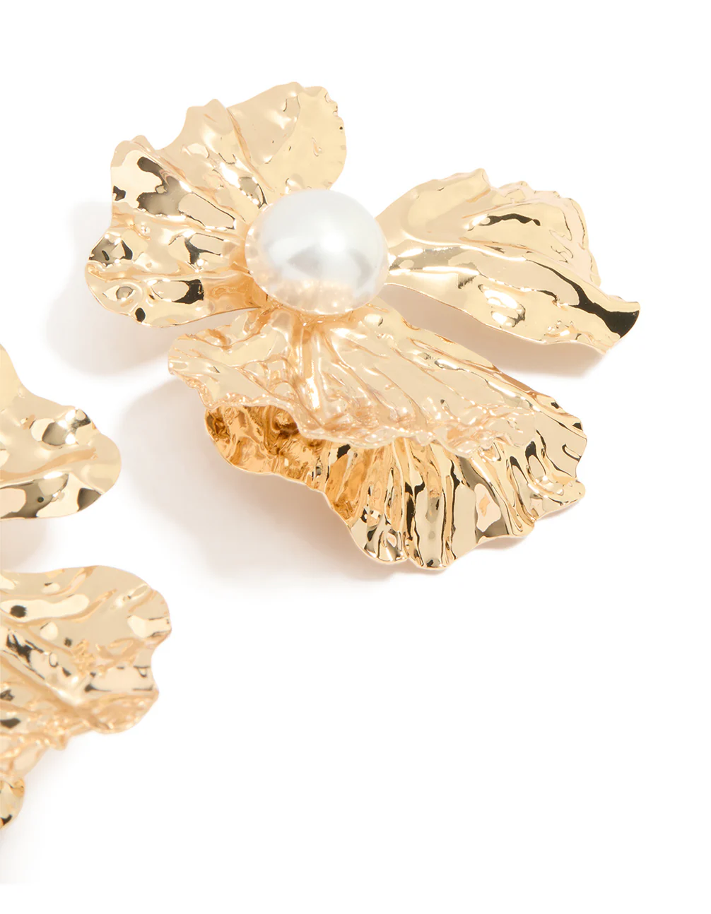 Gold Pearl Centre Molten Flower Stud Earrings - Image 3