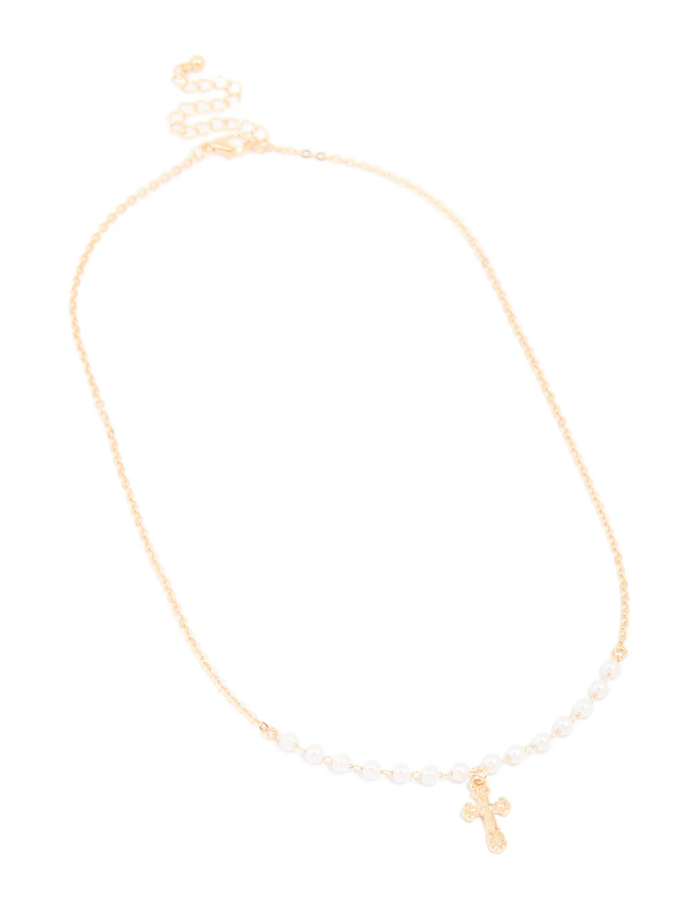 Gold Pearl Cross Pendant Necklace - Image 2
