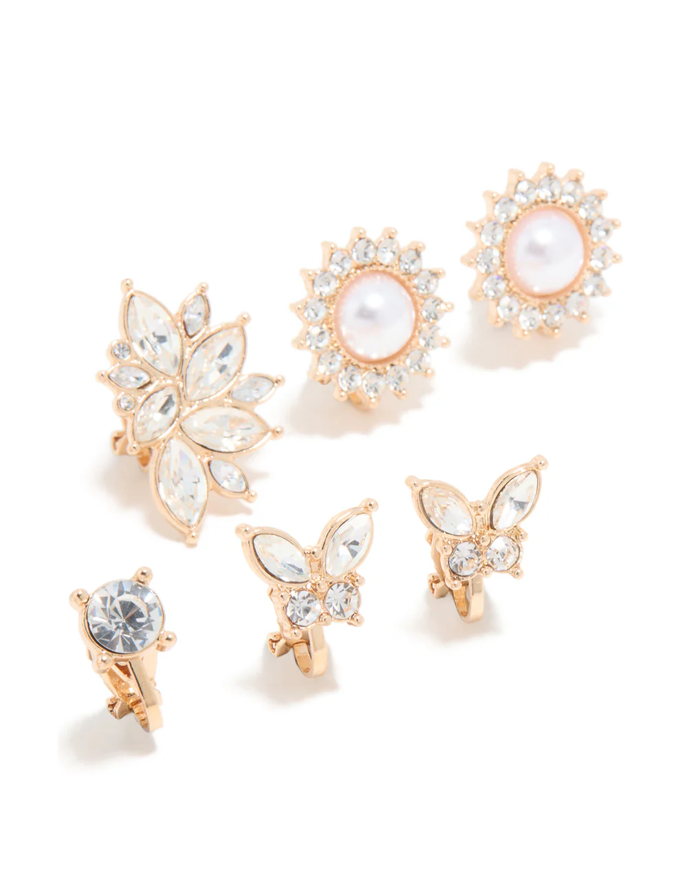Gold Pearl & Diamante Butterfly Clip On Earrings 5-Pack - Image 3