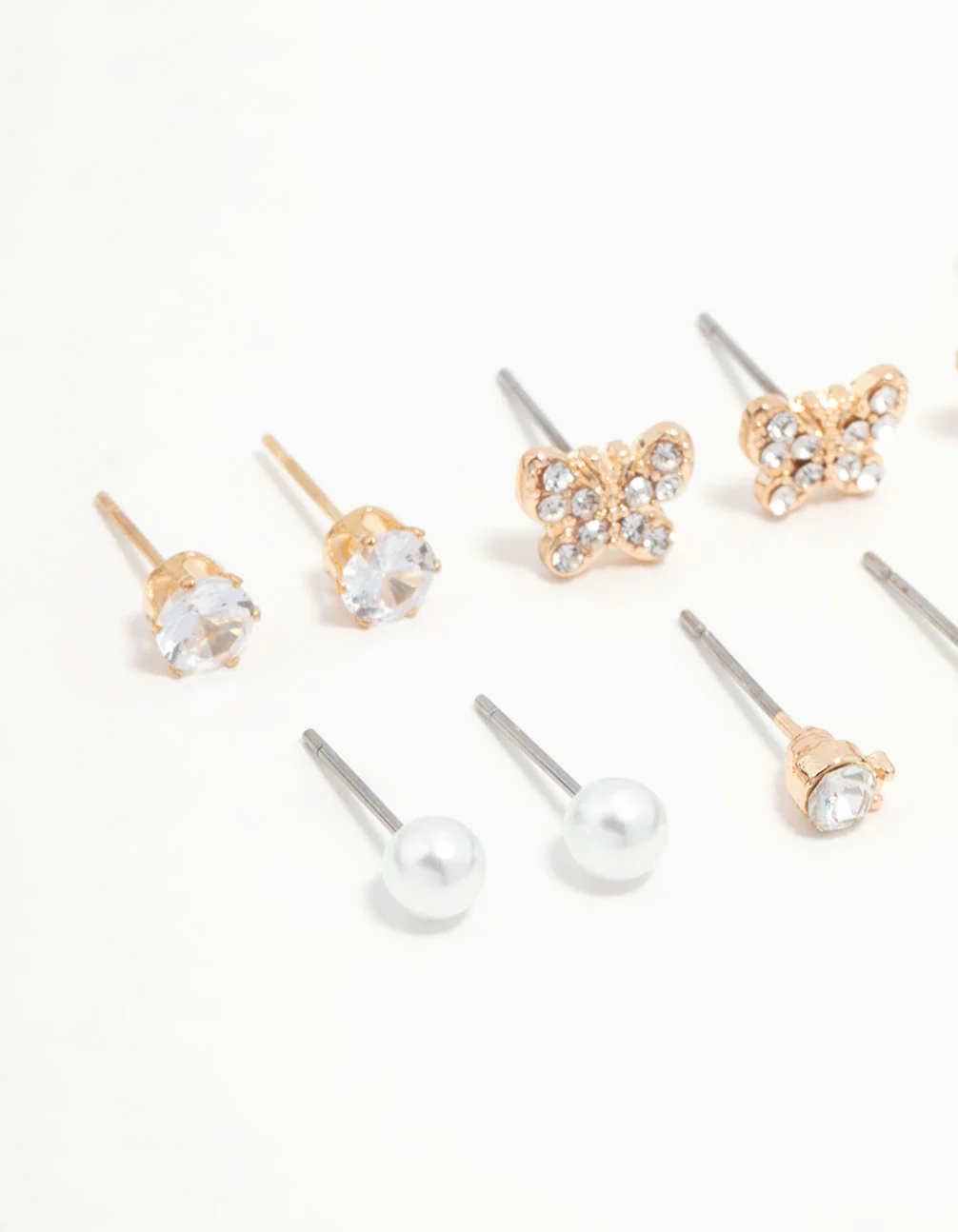 Gold Pearl, Diamante & Butterfly Stud Earrings 8-Pack - Image 2