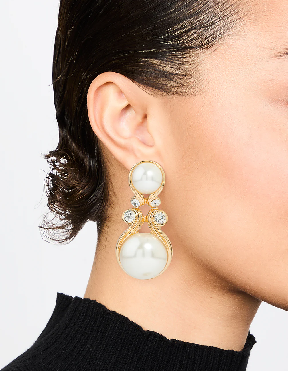 Gold Pearl Diamante Doorknocker Drop Earrings - Image 2