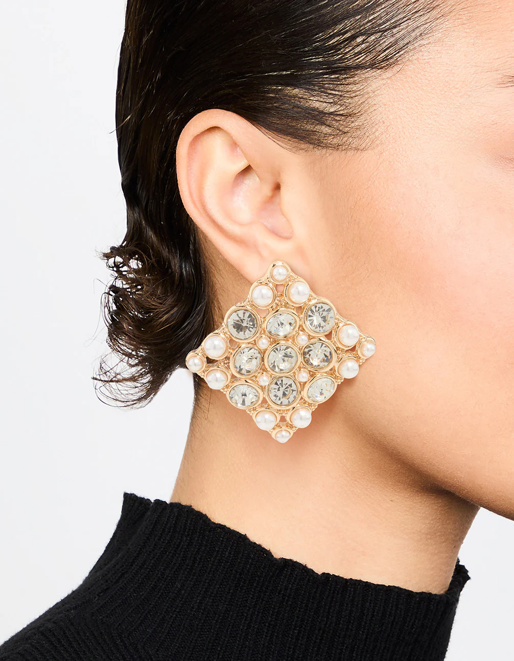 Gold Pearl & Diamante Square Stud Earrings - Image 2