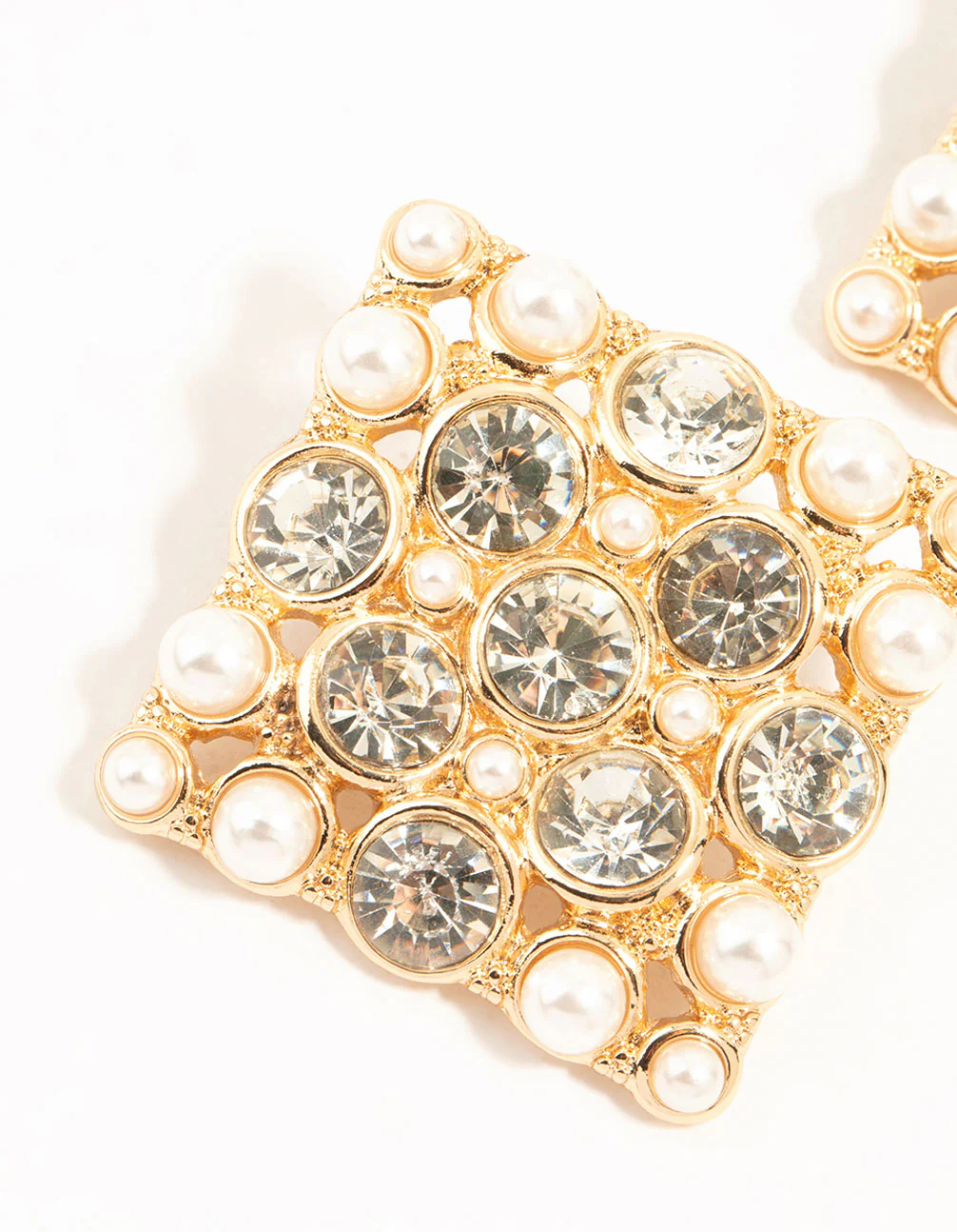 Gold Pearl & Diamante Square Stud Earrings - Image 4