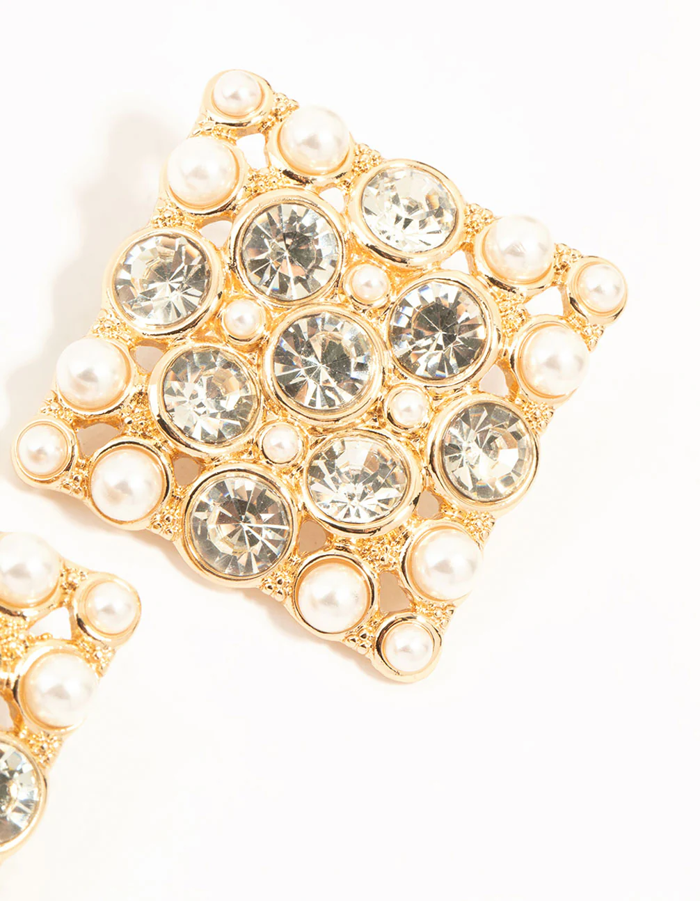 Gold Pearl & Diamante Square Stud Earrings - Image 5