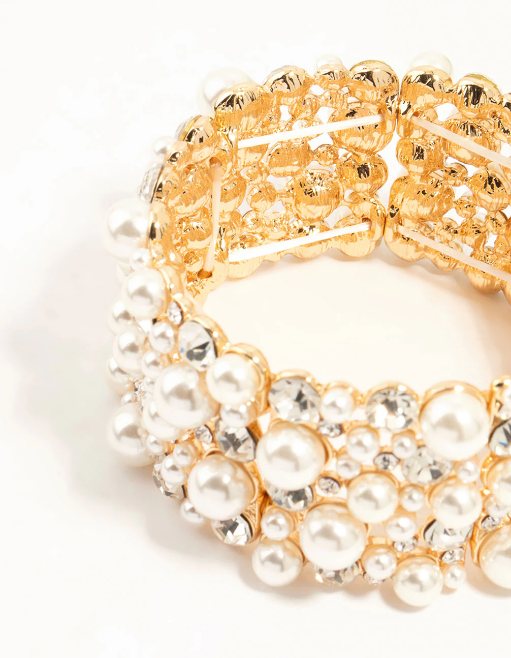 Gold Pearl & Diamante Stretch Bracelet - Image 3