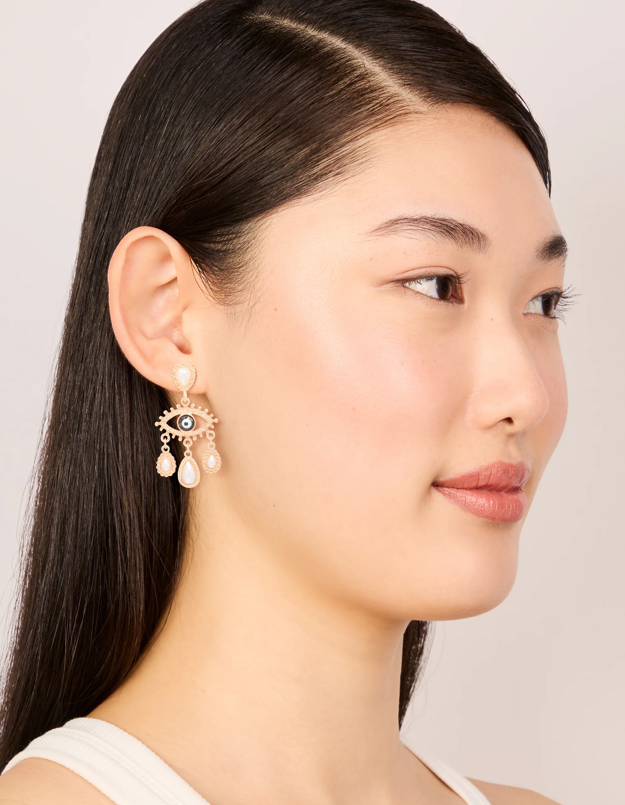 Gold Pearl Evil Eye Drop Earrings - Image 3