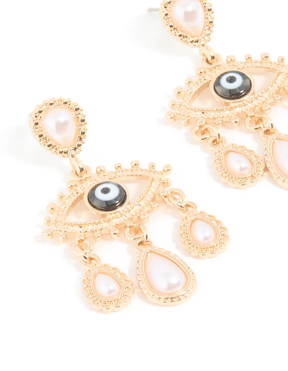Gold Pearl Evil Eye Drop Earrings - Image 4