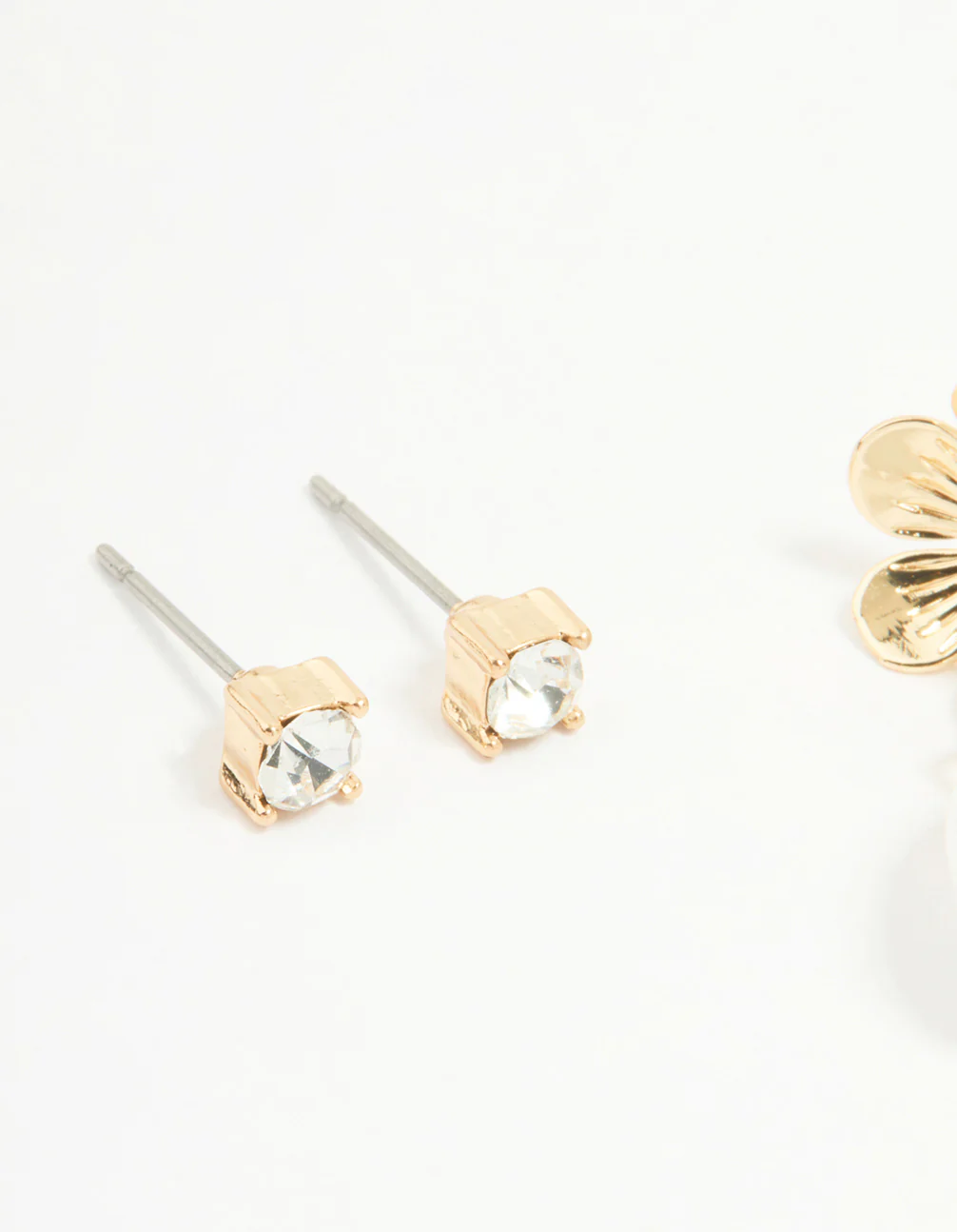 Gold Pearl Flower & Diamante Stud Earrings 2-Pack - Image 4