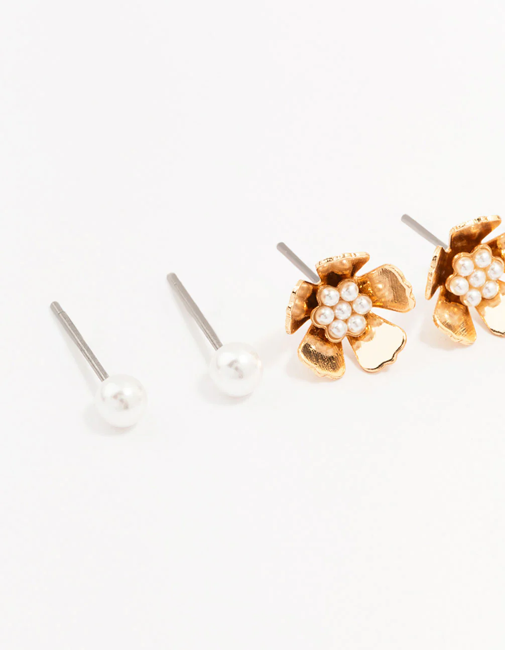 Gold Pearl Flower Stud Earrings 3-Pack - Image 2