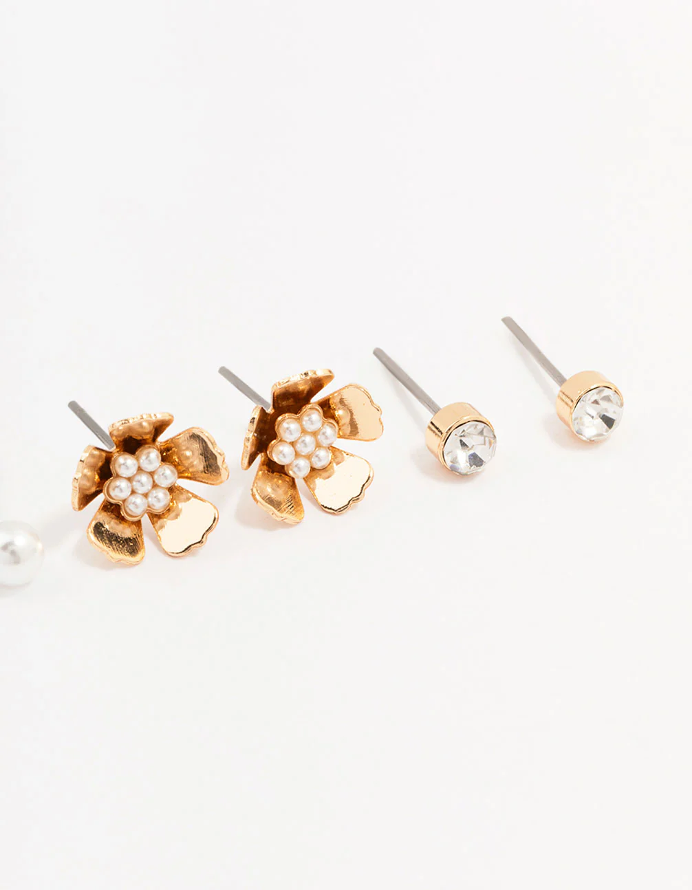 Gold Pearl Flower Stud Earrings 3-Pack - Image 3