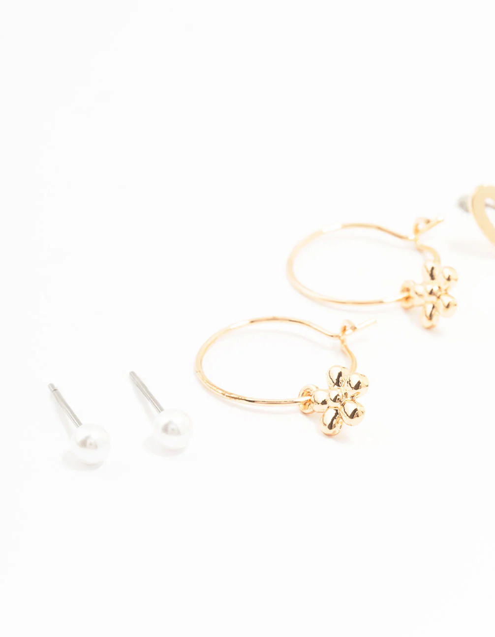Gold Pearl Heart Flower Earrings 3-Pack - Image 2