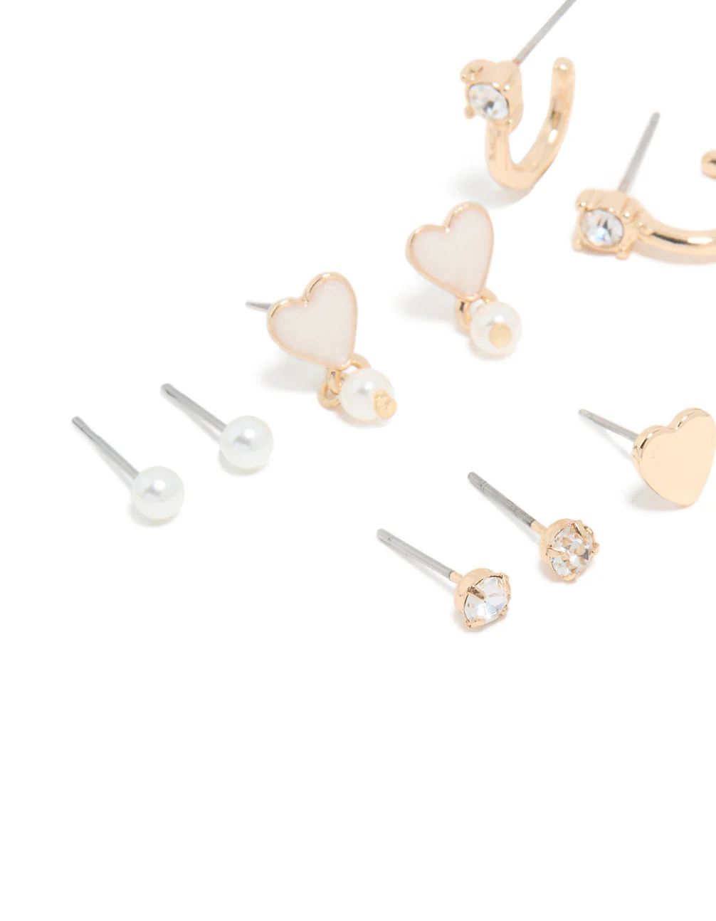 Gold Pearl & Heart Stud Earrings 7-Pack - Image 2