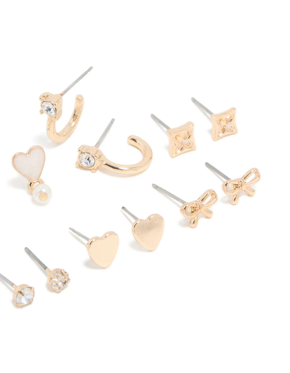 Gold Pearl & Heart Stud Earrings 7-Pack - Image 3
