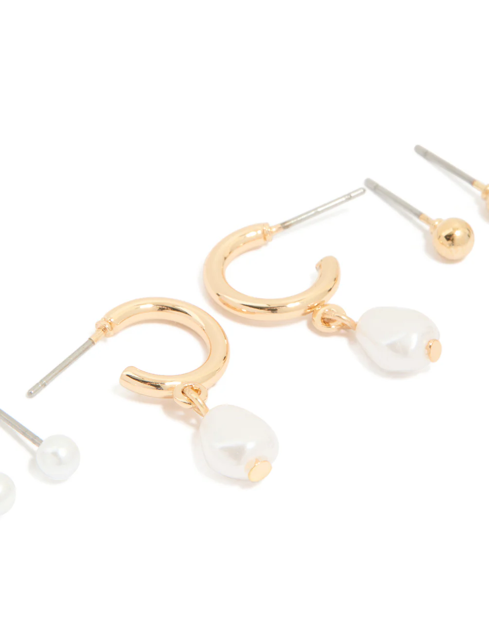 Gold Pearl Hoop & Ball Stud Earrings 3-Pack - Image 2