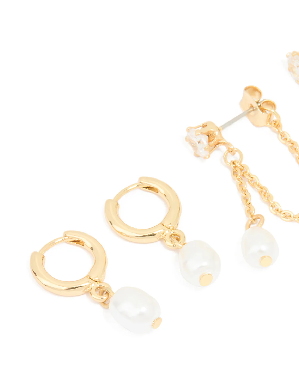 Gold Plated Pearl Huggie & Chain Stud Earrings 2-Pack - Image 2