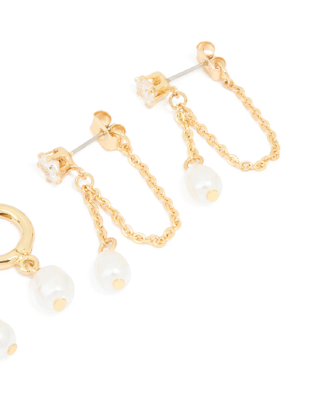 Gold Plated Pearl Huggie & Chain Stud Earrings 2-Pack - Image 3