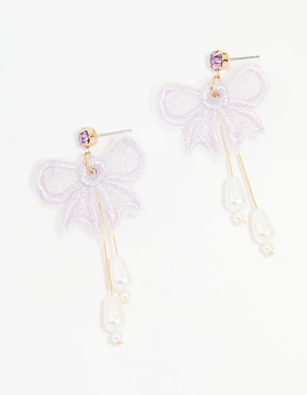 Gold Pearl Mesh Bow Drop Earrings