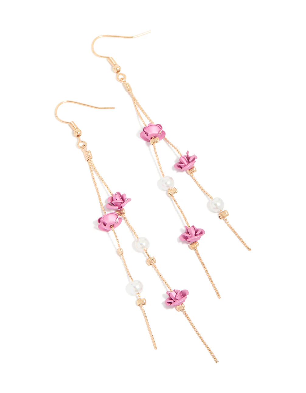 Gold Pearl & Pink Rose Chain Drop Earrings - Image 2