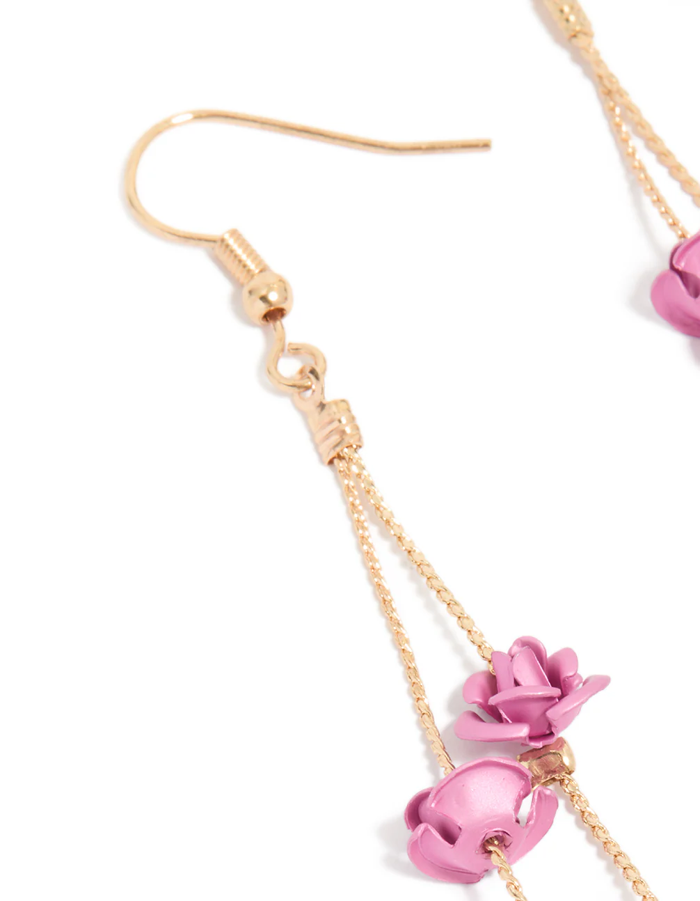 Gold Pearl & Pink Rose Chain Drop Earrings - Image 3