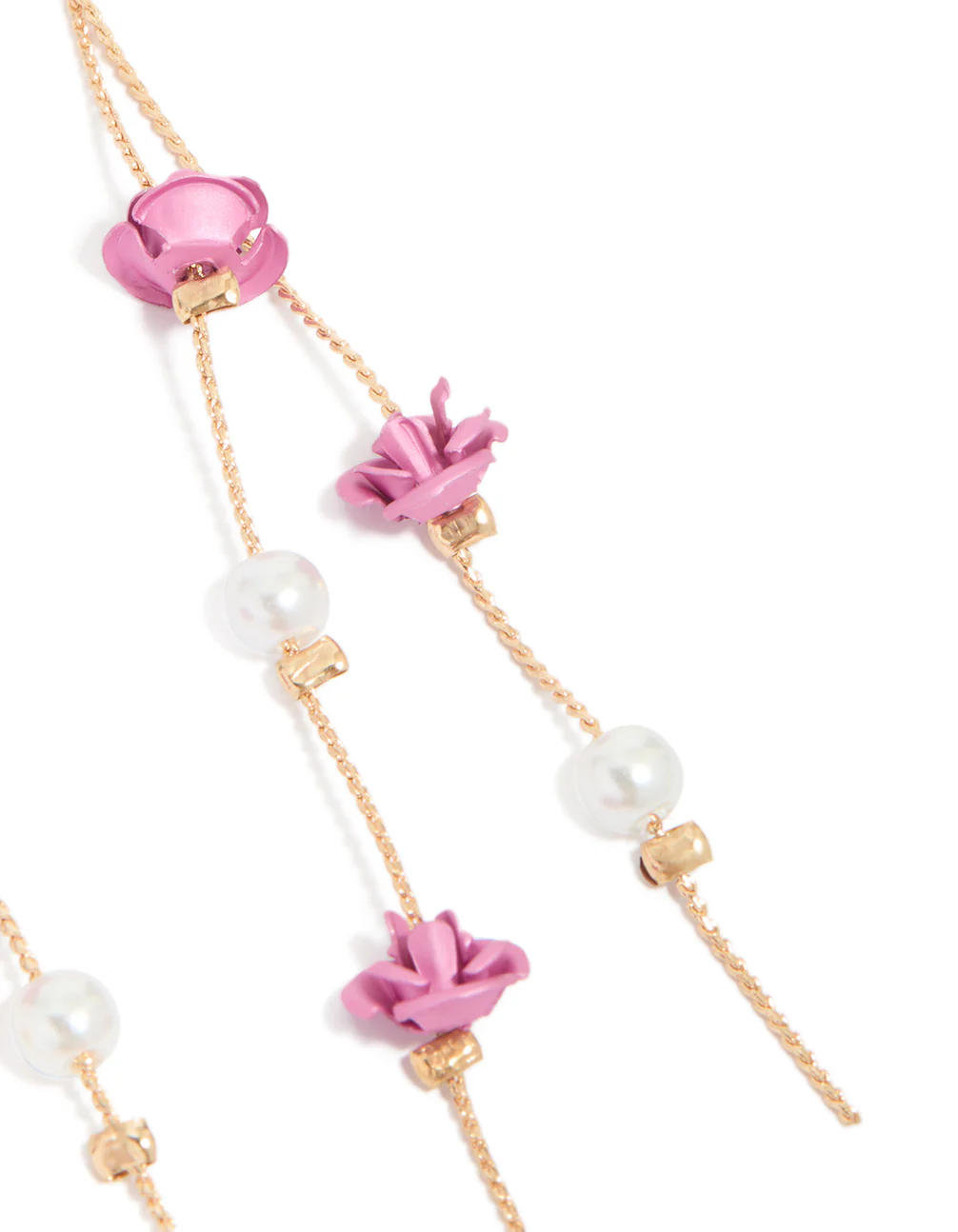 Gold Pearl & Pink Rose Chain Drop Earrings - Image 4