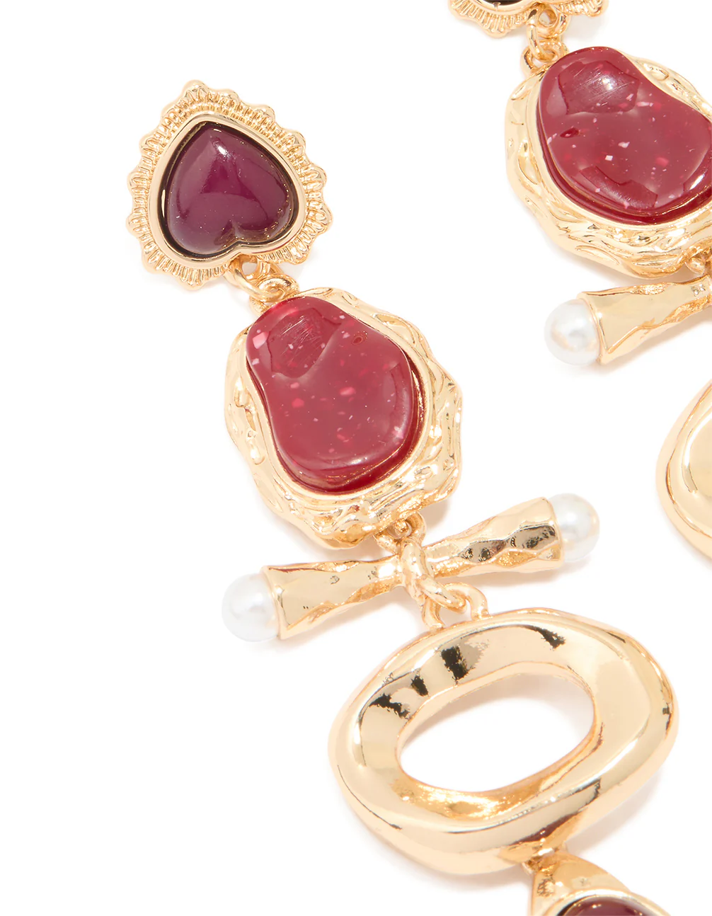 Gold Pearl & Red Stone Attachment Drop Earrings - Image 2