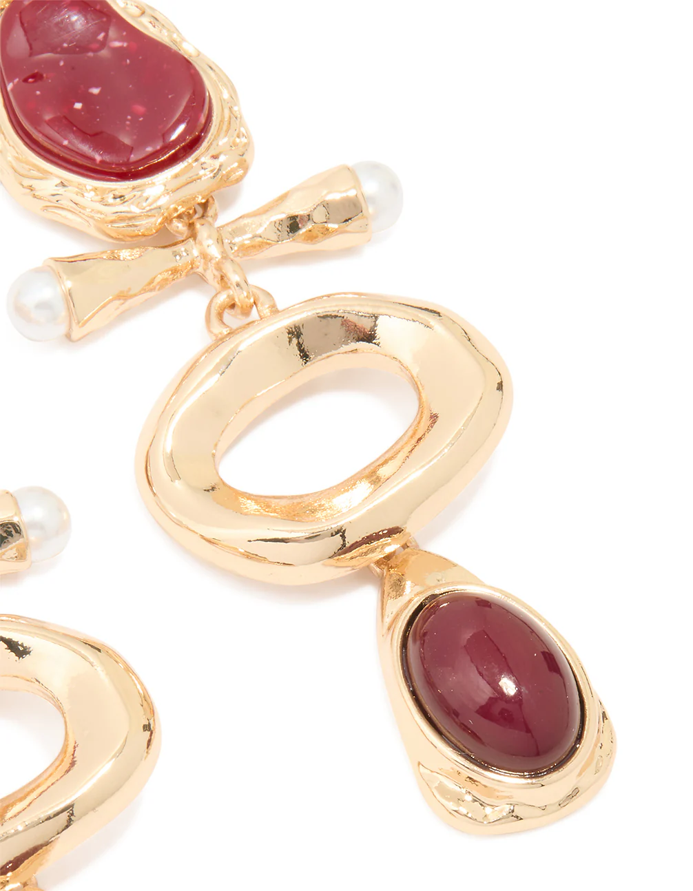 Gold Pearl & Red Stone Attachment Drop Earrings - Image 3