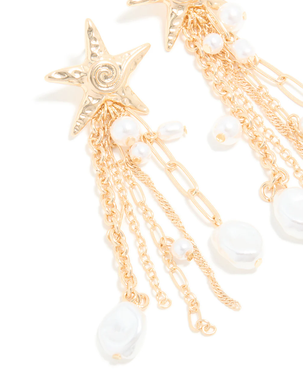 Gold Pearl Star Fish Chain Drop Earrings - Image 4