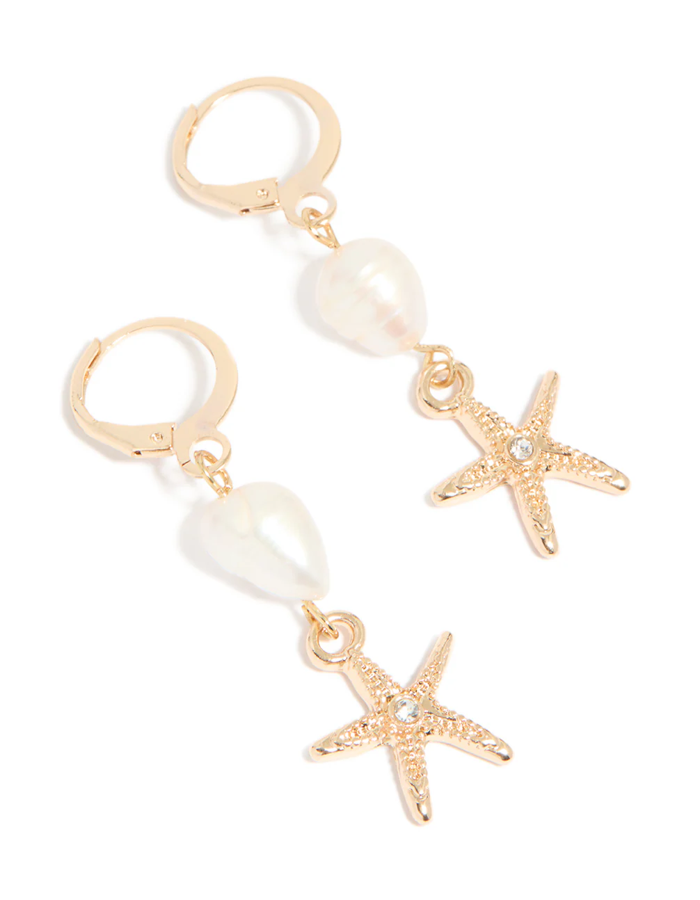 Gold Pearl Starfish Huggie Drop Earrings - Image 2