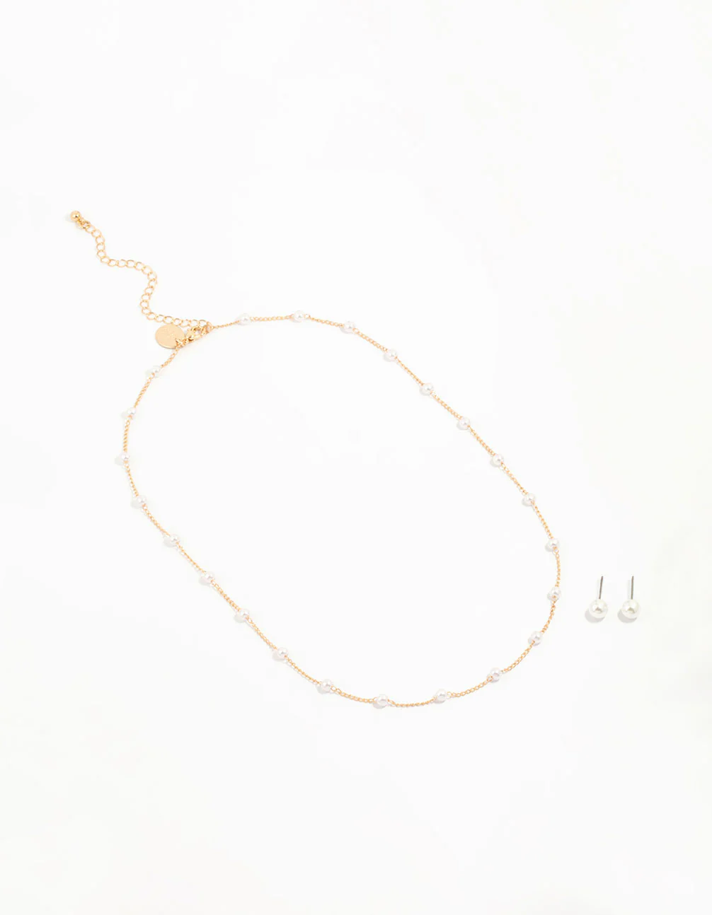 Gold Pearl Station Necklace & Earrings Set - Image 2