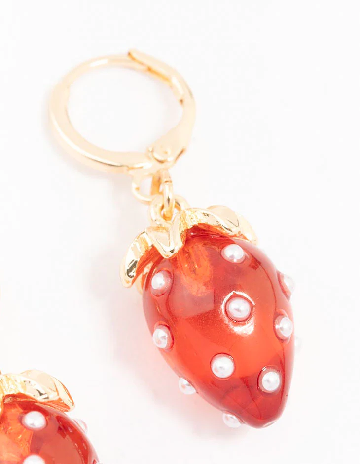 Gold Pearl Strawberry Hoop Earrings - Image 3