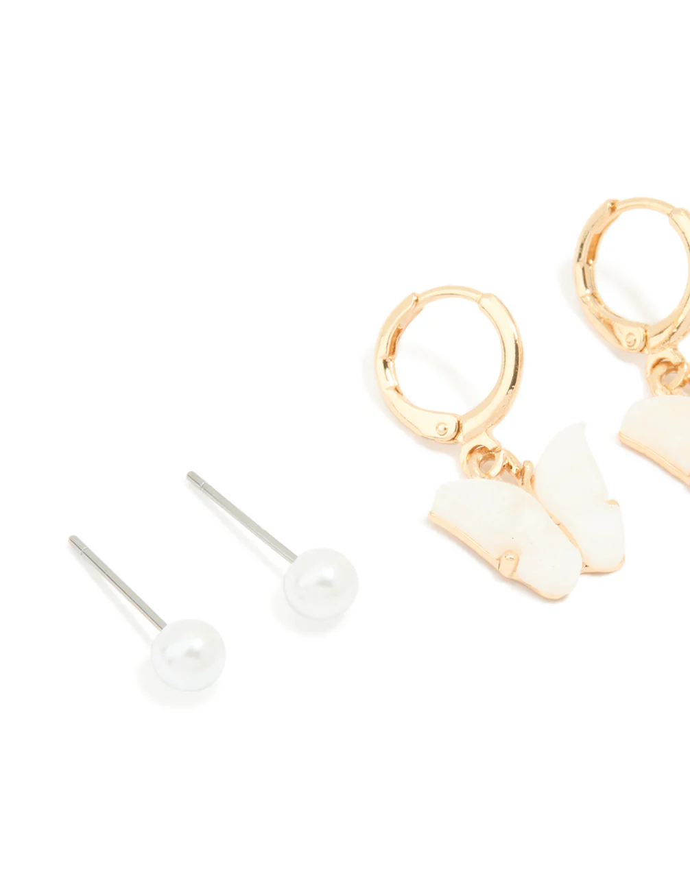 Gold Pearl Stud & Butterfly Huggie Earrings 3-Pack - Image 2