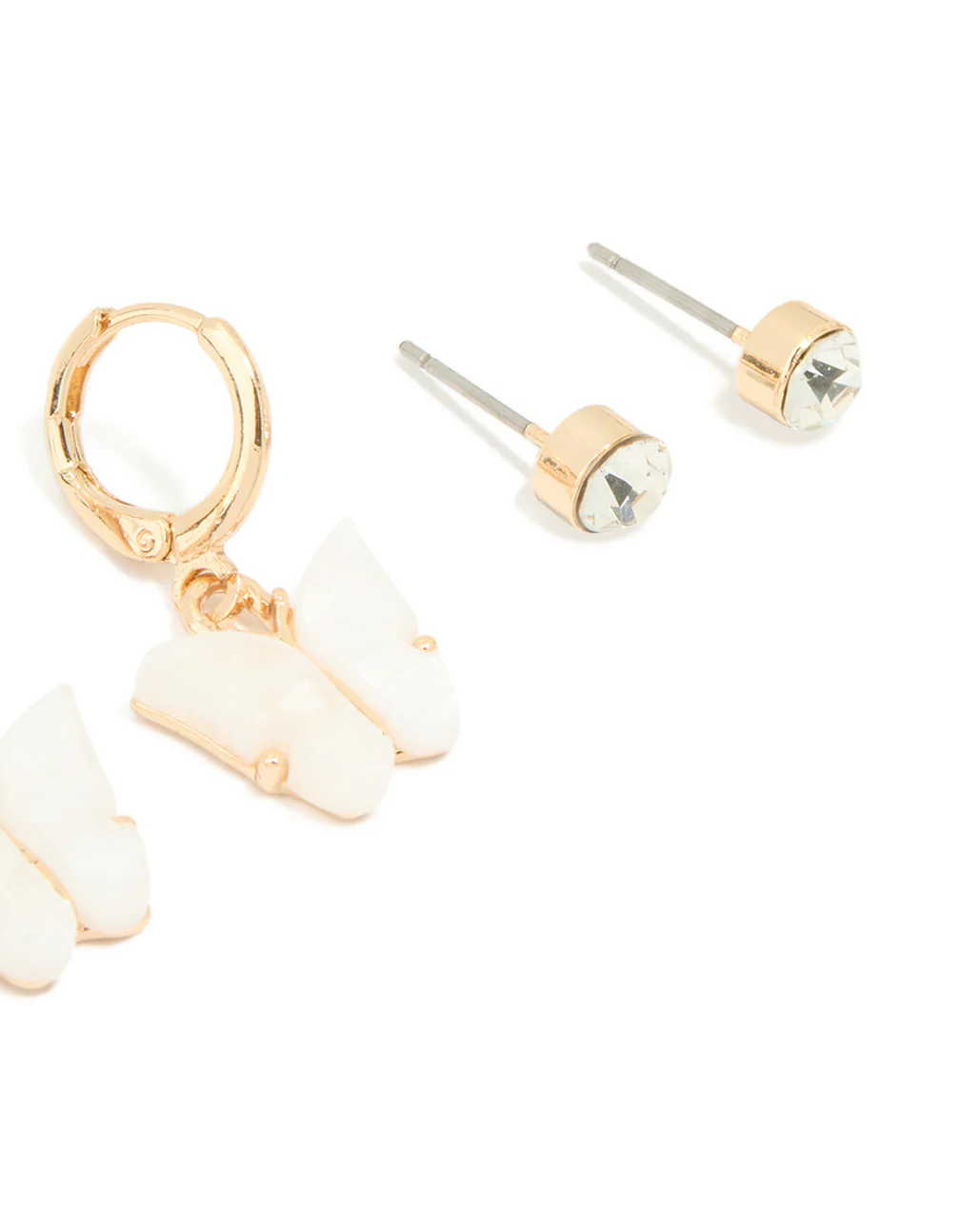 Gold Pearl Stud & Butterfly Huggie Earrings 3-Pack - Image 3