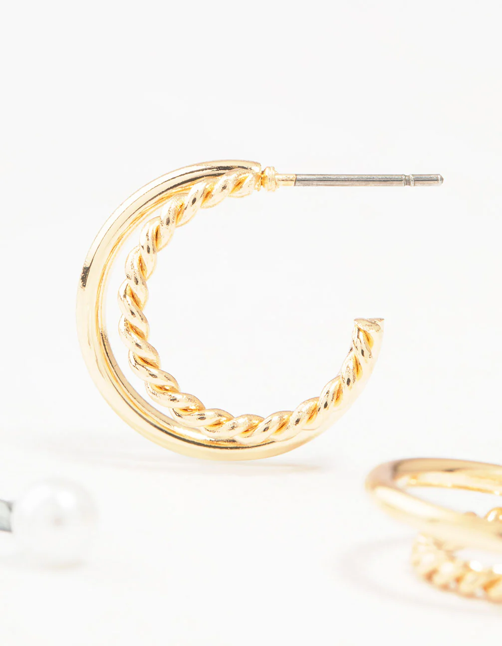 Gold Pearl Studs & Twisted Hoop Earrings 2-Pack - Image 2