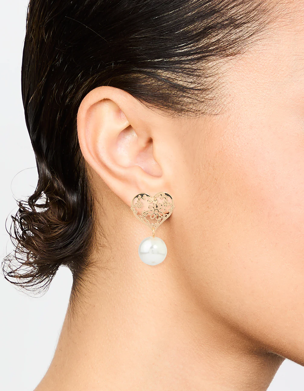 Gold Pearl Textured Heart Drop Earrings - Image 2