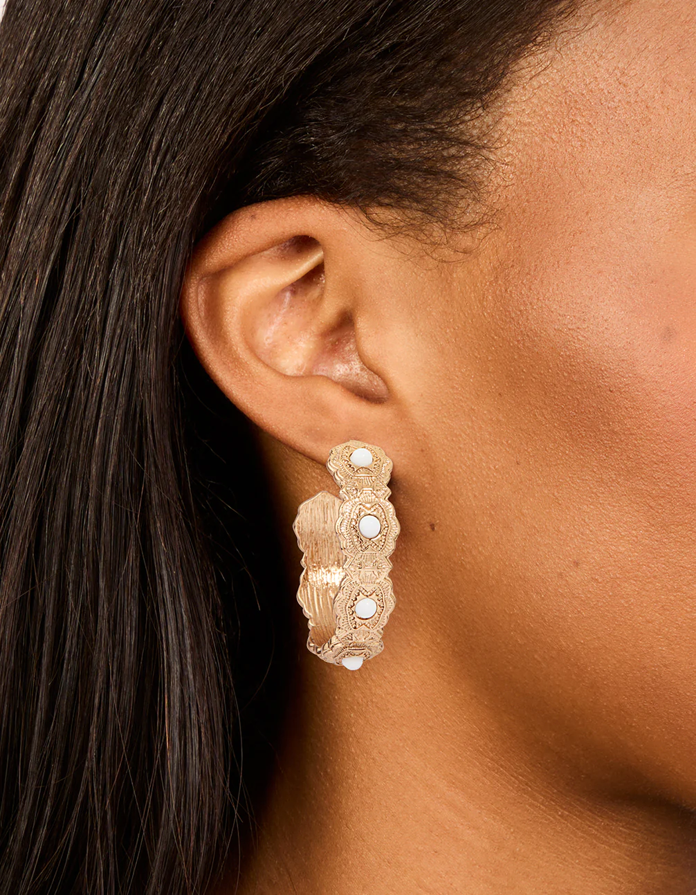 Gold Pearl Textured Hoop Earrings - Image 2