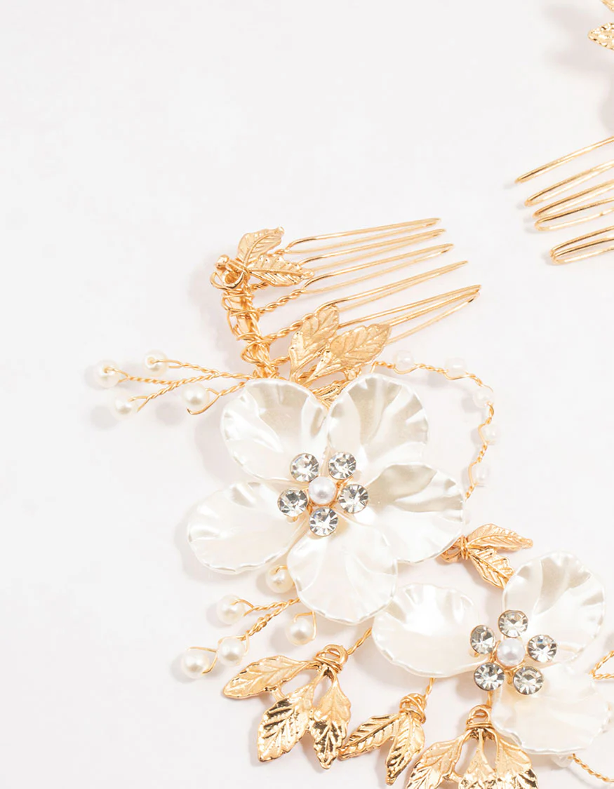 Gold Pearlised Flower Trio Draped Comb Head Piece - Image 2