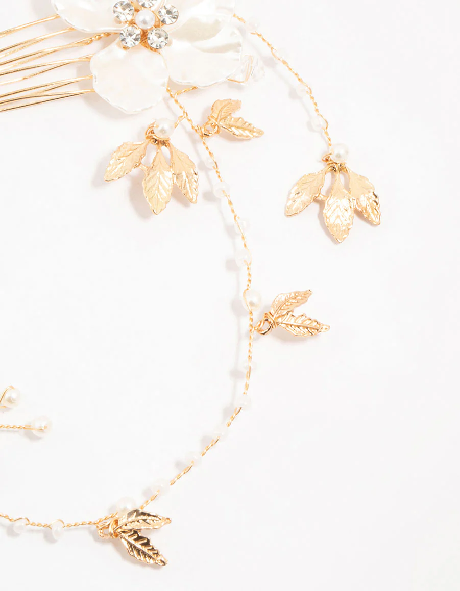 Gold Pearlised Flower Trio Draped Comb Head Piece - Image 3