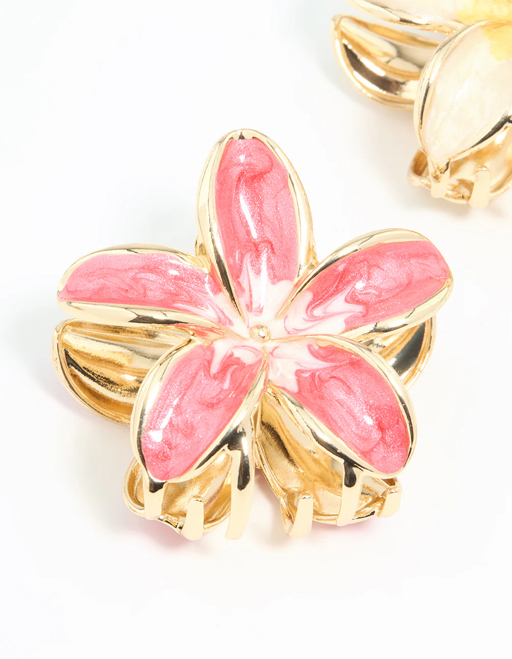 Gold Pink & Cream Enamel Frangipani Claw Clips 2-Pack - Image 2