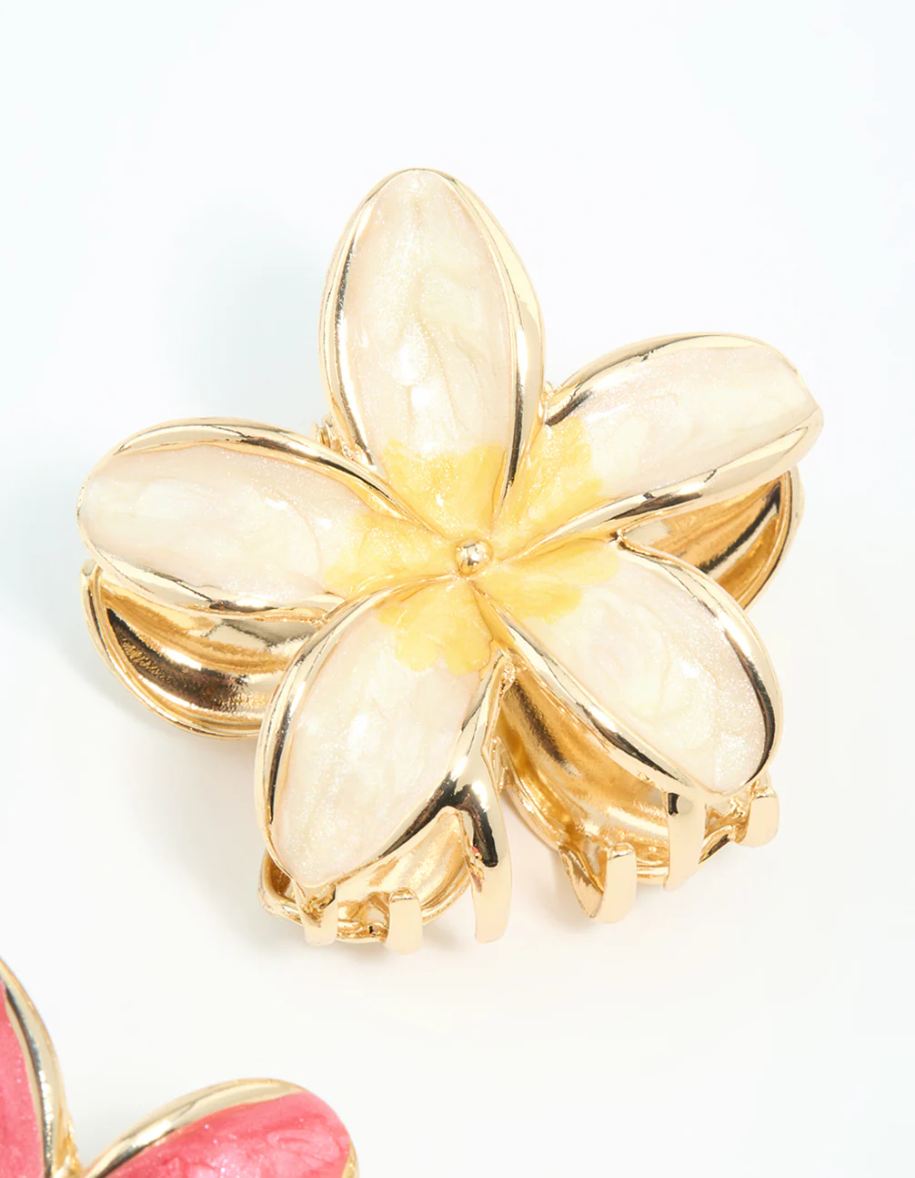 Gold Pink & Cream Enamel Frangipani Claw Clips 2-Pack - Image 3