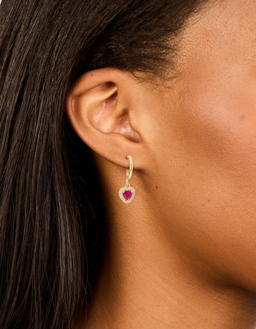 Gold Pink Cubic Zirconia Encased Heart Huggie Earrings - Image 2