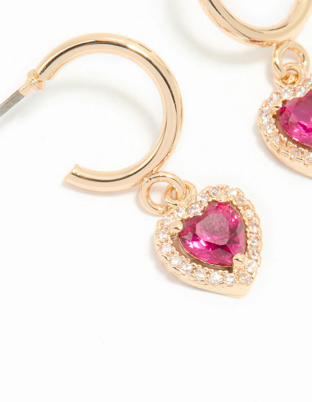 Gold Pink Cubic Zirconia Encased Heart Huggie Earrings - Image 4