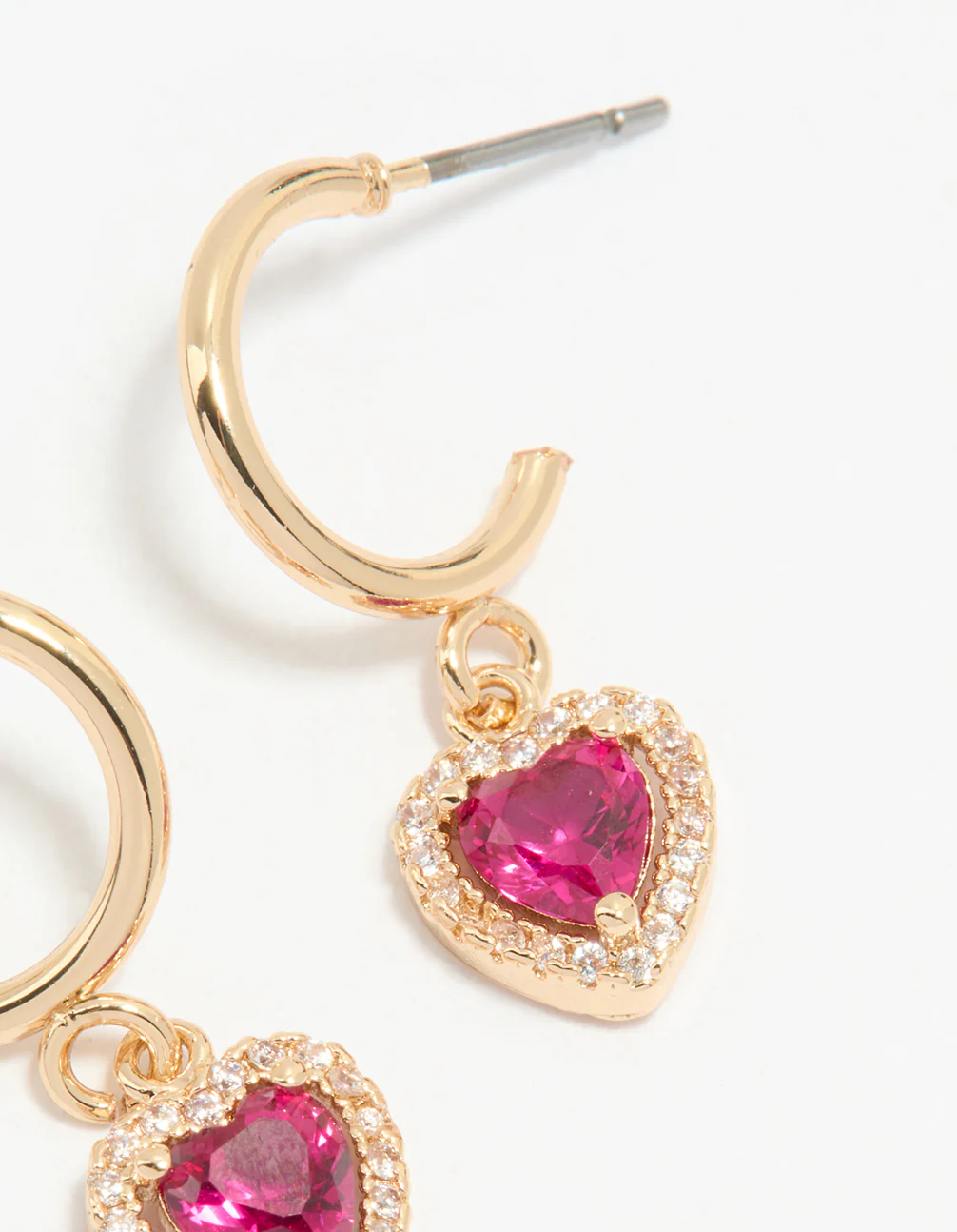 Gold Pink Cubic Zirconia Encased Heart Huggie Earrings - Image 5