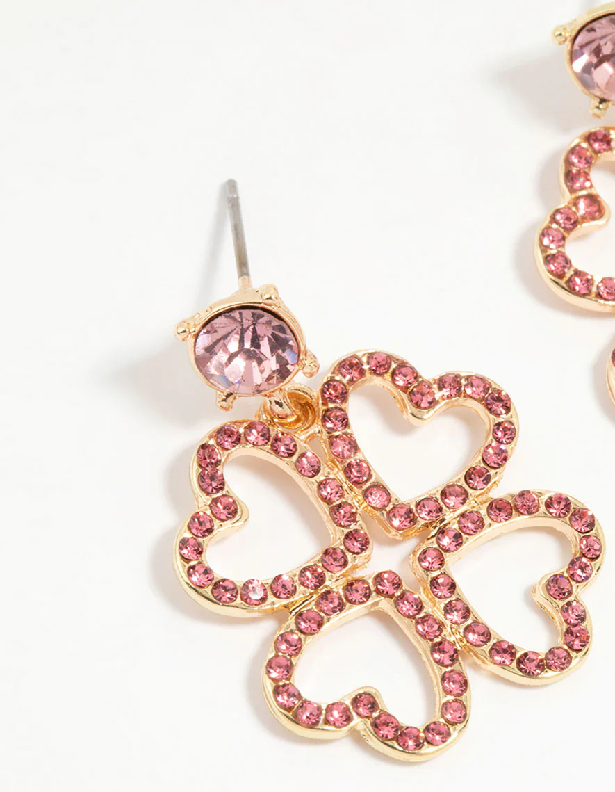 Gold Pink Diamante Lucky Heart Drop Earrings - Image 2