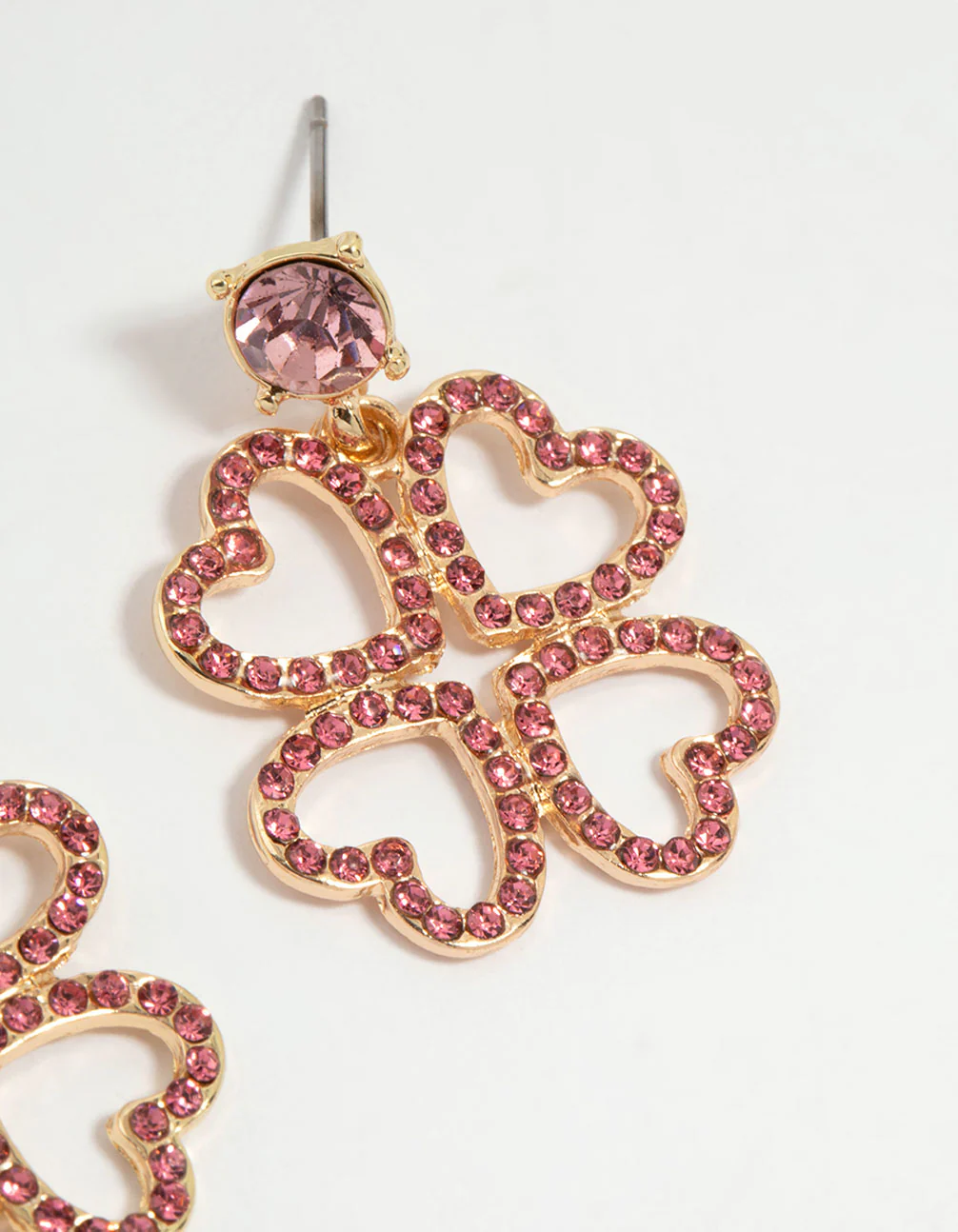 Gold Pink Diamante Lucky Heart Drop Earrings - Image 3