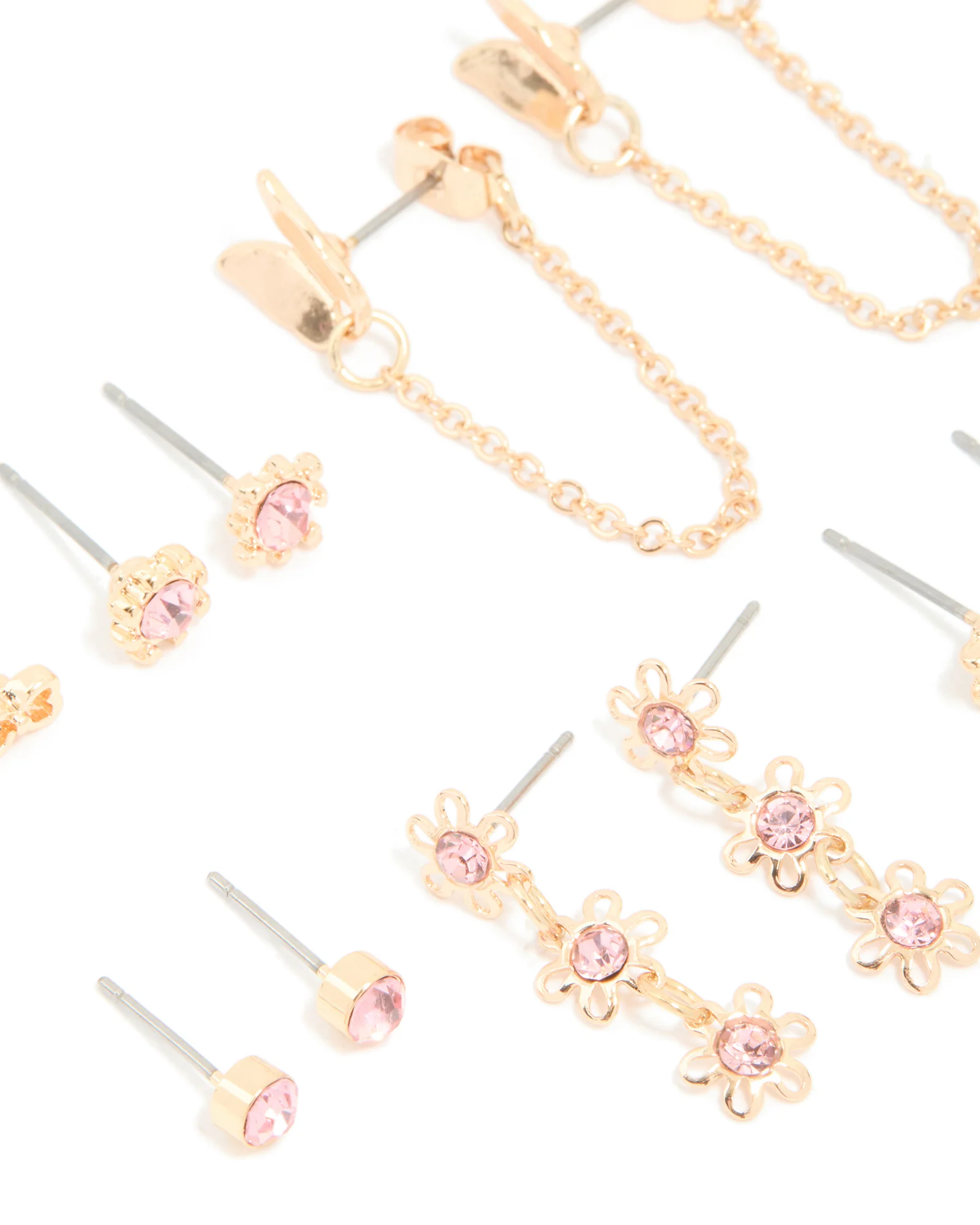 Gold Pink Diamante Studs & Butterfly Chain Earrings 7-Pack - Image 2