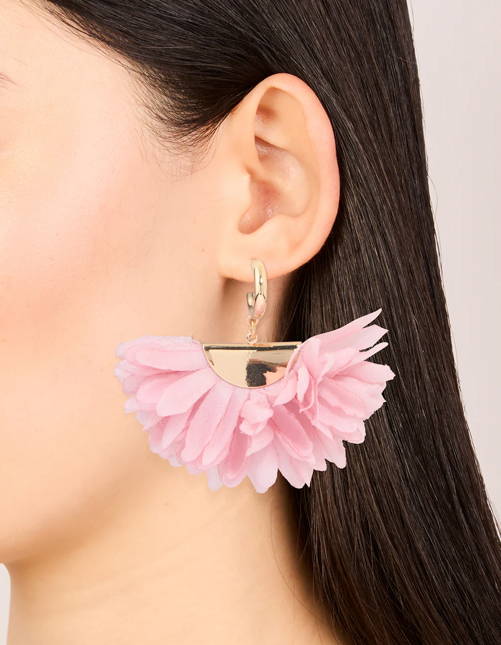 Gold Pink Fabric Large Petal Huggie Earrings - Image 2