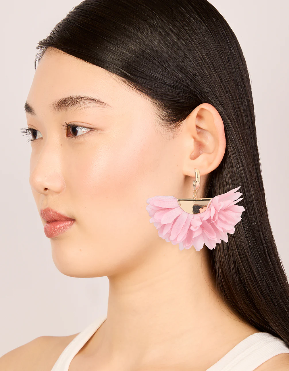 Gold Pink Fabric Large Petal Huggie Earrings - Image 3