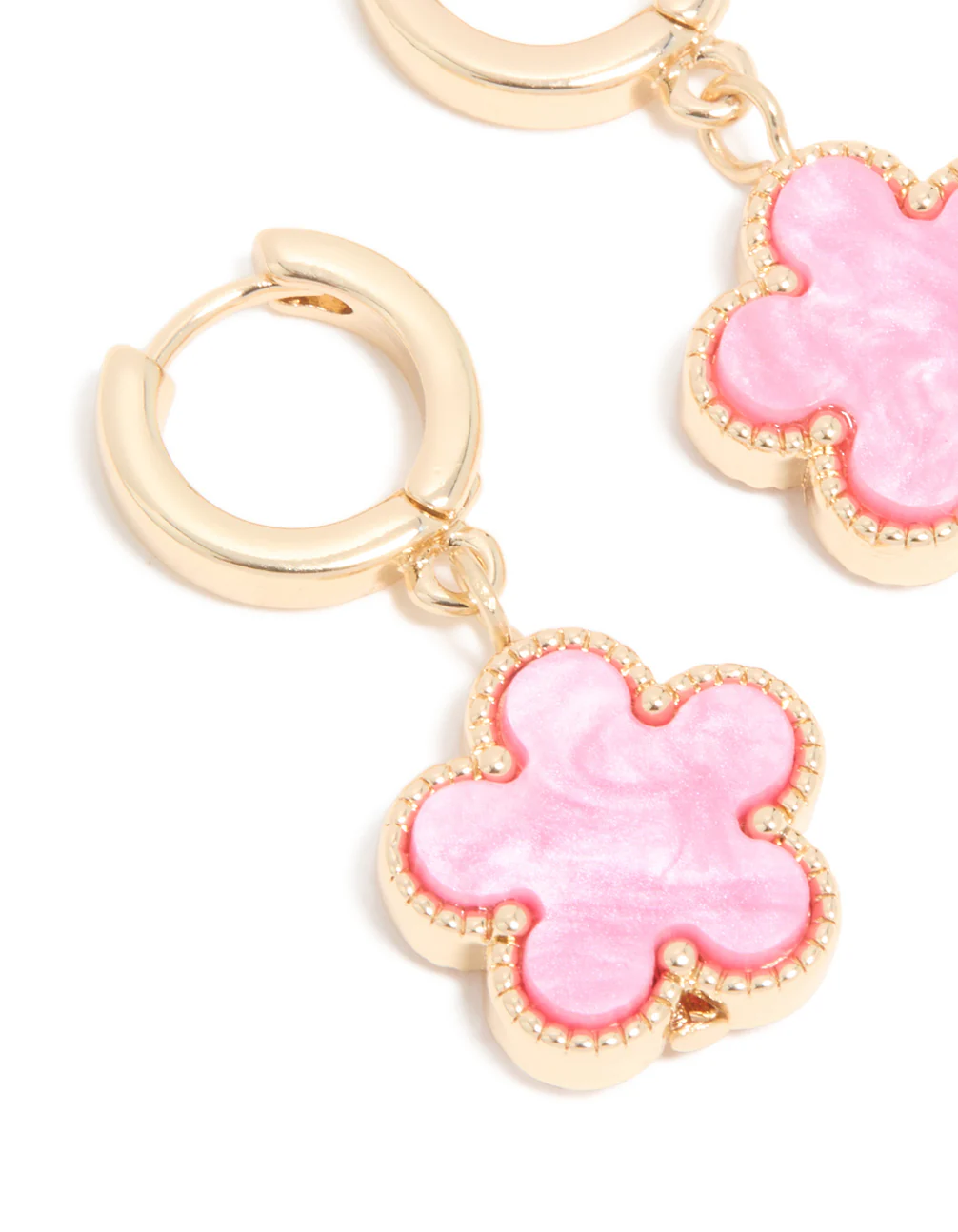 Gold Pink Flower Drop Huggie Earrings - Image 4